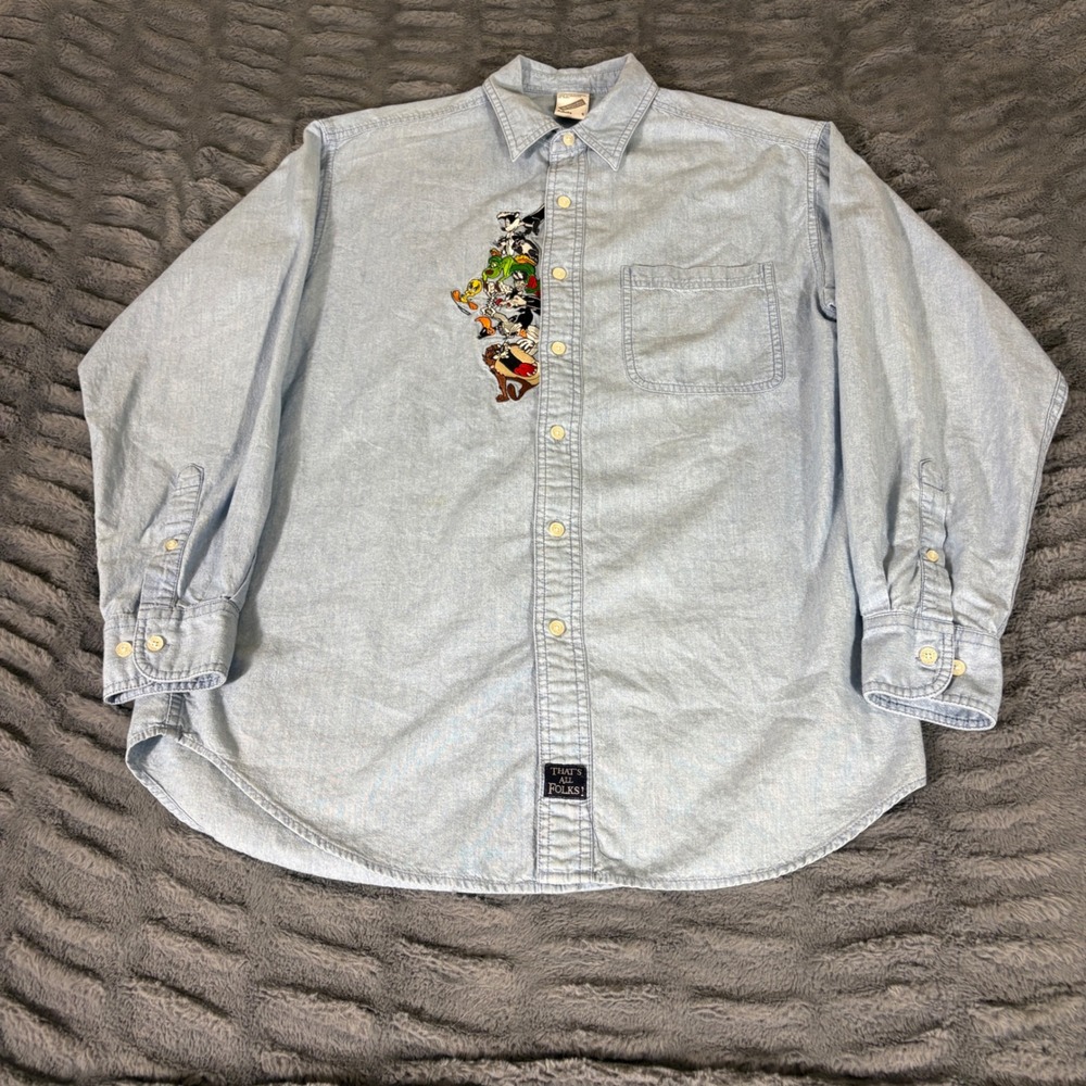 Vintage Warner Bros Studio Store Looney Tunes Embroidered Denim Shirt Small